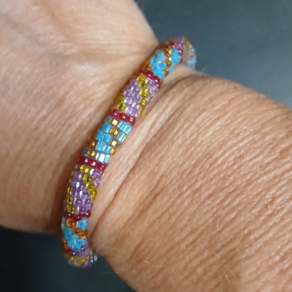 Multi color glass beaded round tribal bangle bracelet - Picture 1 of 3